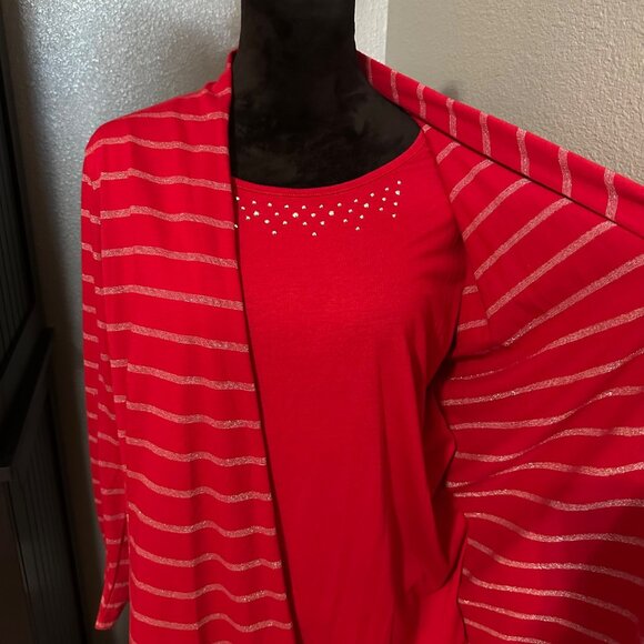 White Stag Open Front Cardigan with Attached Tank Top L Red Striped 12-14 - Picture 2 of 8